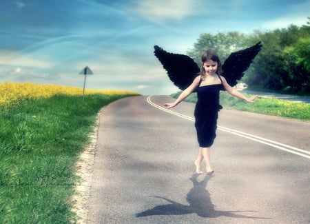 Little Angel - girl, angel, walking, black wings, lovely, road, cute