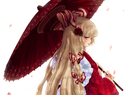 Beauty - anime, umbrella, girl, beauty, japanese cloth, blond hair, flower, red eyes