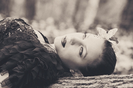 Butterfly in her hair - butterfly, black, white, woman