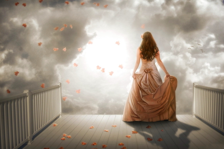 My love - clouds, fog, beautiful, splendor, girl, beauty, colors, lovely, love, fantasy, peaceful, sun, bridge