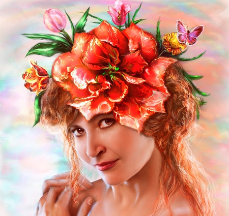 He Paint ME...!!! - pretty, female, flowery, blonde, eye, pink, red, hd, face, nice, girl, digital art, lovely, flower, hair, cg, fantasy, smile, lips, graceful, butterfly, 3d