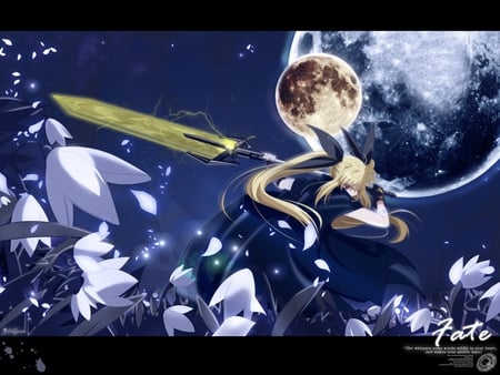 Fate - flowers, moon, anime, blue, blond, fate, full moon, knight