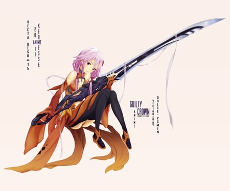 guilty crown - attack, anime, girl, sword, pink hair, fate, knight