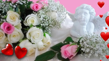 Angel and Roses - romantic, pink roses, valentines day, babys breath, angel, white roses, hearts