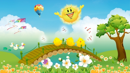 Summer Fun - whimiscal, lake, sunshine, trees, dragonflies, summer, field, balloon, ducks, clouds, kites, flowers, bridge, cute