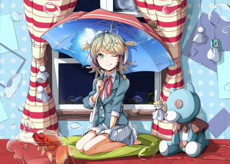 Vocaloid - kagamine rin, twintails, himesuzu, blonde hair, vocaloid, umbrella, wink, aqua eyes, short hair