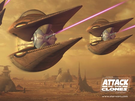 attack of the clones - sand, auto guns, buildings, clouds