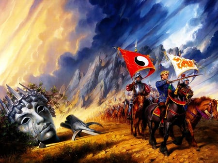 to battle - soldiers, horses, weapons, mountains, flag, ruins