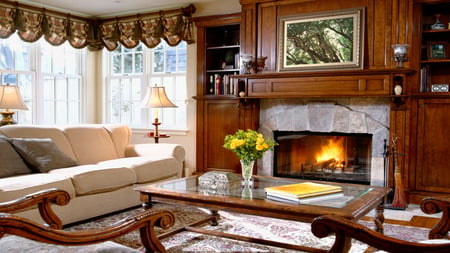 Cozy Living Room - carpet, sunshine, sofa, chairs, hall, wood, lampshades, furnace, window, cozy, beautiful, flowers