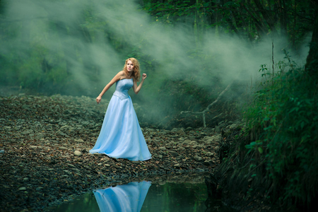 Lost in the forests - beauty, woman, sexy, female, girl, lovely, hd, hd wallpaper, blue dress, beautiful, river, fog, dress