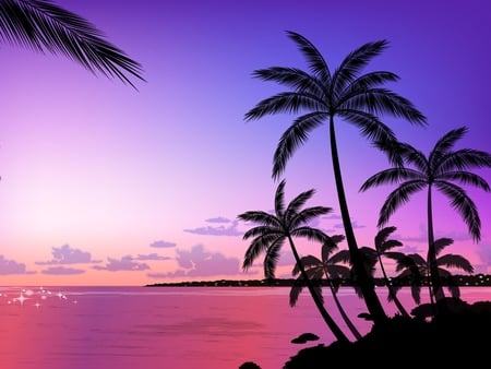 Purple sunset - sky, purple, palm, sunset, sea, nature