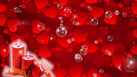 Valentines Glow - glow, red rose, valentine, valentines day, bubbles, ribbon, candles, hearts red