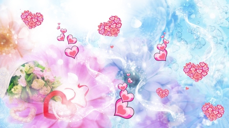 Hearts and Flowers - bubbles, candy, hearts, abstract, pink, blue, valentines day, pastel, flowers