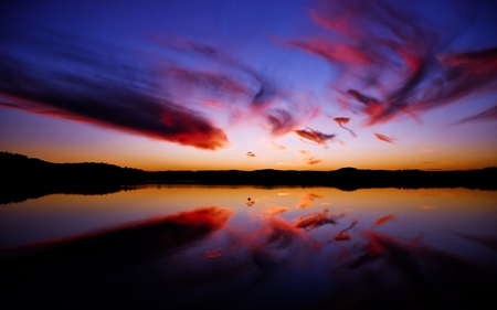 River at night - sky, orange sky, night, sunset, view, reflection, river, beautiful, color, late