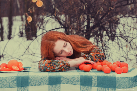 Citrus tale - red hair, beauty, beautiful, fruits, female, girl, woman