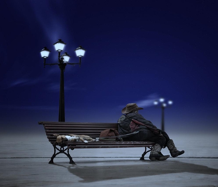 Under free sky - woman, abstract, photography, lamp, bench, photo, lights