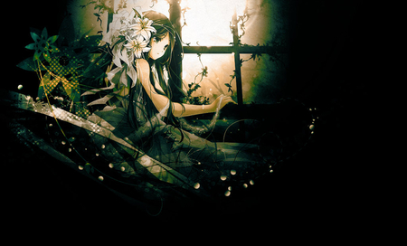 Anime - alone, girl, window, female, petals, anime, flower, dress