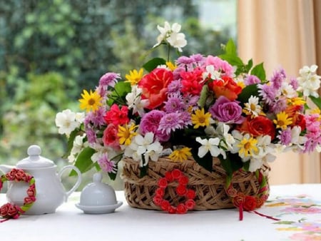 Beautiful basket of flowers - flower basket, flowers, still life, photography