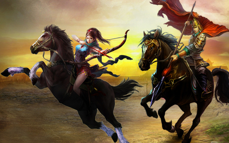 The Epic - beauty, female, legend, hot, fantasy, archer, digital art, anime, cute, sexy, girl, warrior, stunning, lovely, cg, hd, horse, action