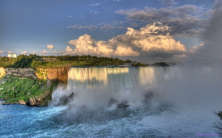 Force of Blue - nature, wonder, landscape, hills, clouds, blue, waterfall