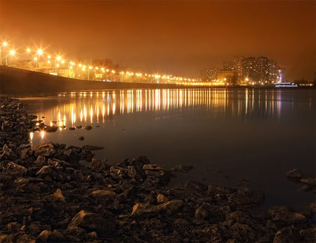 Night Lights - river, lights, night, buildings, rocks, bridge