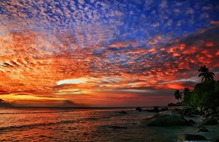 Burning sky for my precious Dandelion - magic, blue, amazing, fire, sky, clouds, stone, water, sea, beauty, colors, ocean, wonderful, colorful, nature, sunset, rocks