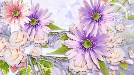 Spring Floral Display - lavender, summer, pink roses, daisy, spring, flower, petals, soft, hearts, pastel