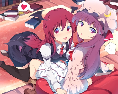 patchouli knowledge & koakuma - sitting, nice, wings, koakuma, 2girls, kawai, book, red eyes, touhou, suit, anime, black thighhighs, purple eyes, bonnet, highres, patchouli knowledge, long hair, purple hair, red hair, crescent, smile, blush, dress