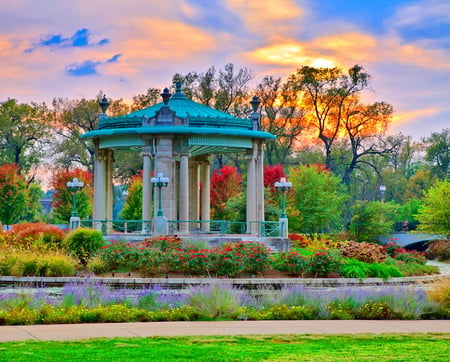 Evening repose - flowers, clouds, trees, sunset, restful, gazebo, beauty