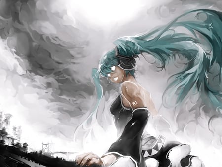 hatsu miku goul - storm, twin tails, hatsune-miku, eyes, goul, sky