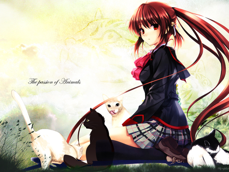 Passion of Animals - long hair, ponytail, animals, skirt, cat, uniform, passion