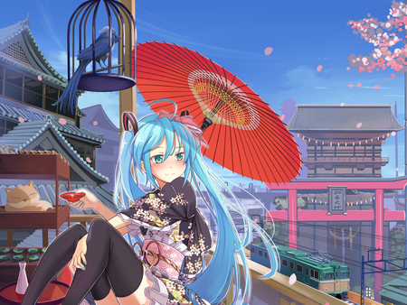 hastune miku blossom - parasol, sky, cat, girl, blue eyes, cherry, japanese, bird, cage, hatsune-miku, blue hair, twin tails, pink, blossom, anime