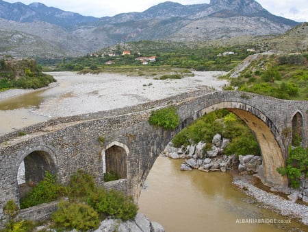 Shkodra old bridge near Buna River. - house, river, scenery, rock, landscape, mountain, bridge