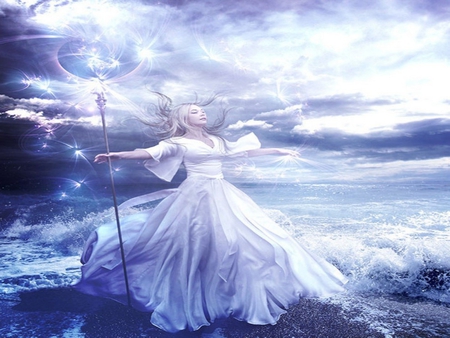 WATER AND AIR - clouds, female, water, blue, air, dress, scepter, ocean, white, sky