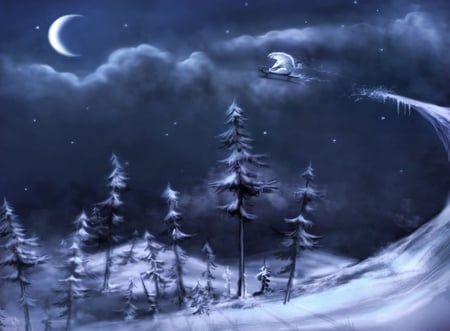 WINTER FUN - clouds, moon, fun, trees, winter, snow, night, stars, christmas, ice, sky