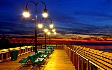 Lovely Sunset - beauty, sky, sundown, peaceful, colorful, bench, blue sky, sunset, colorful sky, wood, amazing, view, lanterns, reflection, lantern, evening, clouds, romance, ocean, light, lovely, nature, benches, pier, romantic, blue, beautiful, splendor, colors, sea, lights