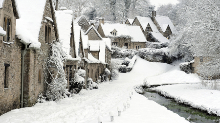 All white snow, England. - cottage, england, snow, winter, tree, house, path