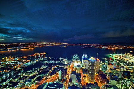 City lights - lights, skyscrapers, city, ocean blue, night, buildings