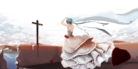 Moment of peace - flowers, vocaloid, hazfirst, rose, cross, hatsune miku, wedding dress, petals