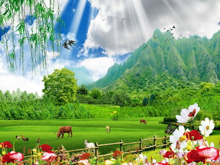 Peaceful picture - summer, animals, cows, flowers, sun, peaceful, grass, sky, fence, clouds, picture, mountain, green