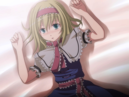 alice margatroid - arms up, anime, looking at viewer, dress, girl, blush, blonde hair, hairband, kawai, short hair, solo, touhou, cute, alice margatroid, blue eyes