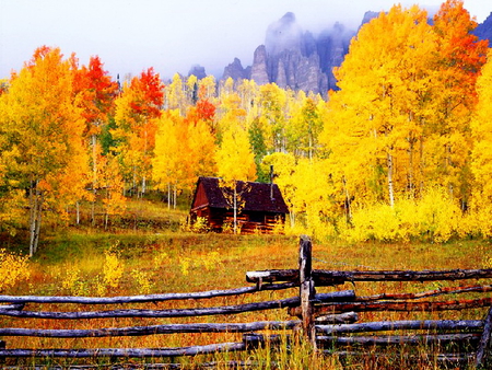 The season of gold - season, slope, autumn, fence, mountain, trees, colorful, gold, nature, fall, lonely, leaves, cabin, house