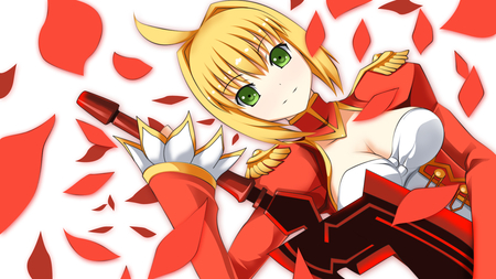 Fate Extra - saber, anime, psp, looking at viewer, girl, sword, blonde hair, green eyes, petals, fate extra, short hair, cg, ahoge, solo, wide image, weapon