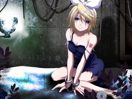 kagamine rin - anime, vocaloid, looking at viewer, short hair, solo, kagamine rin, hairclip, blue eyes, handcuffs, 02, girl, sundress, blonde hair, kawai, hair bow, torn dress, smile, barefoot, leaf, bare shoulders