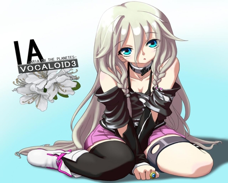 iA Kawaiiiiii - sitting, twin braids, solo, collar, ring, looking at viewer, anime, black thighhighs, cute, bare shoulders, skirt, girl, blue eyes, long hair, boots, kawaii, vocaloid, flowers, white hair, ia