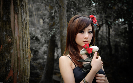 Princess Of Forest - princess, long hair, asian, asian girl, forest, beautiful, flowers, cute, black eyes