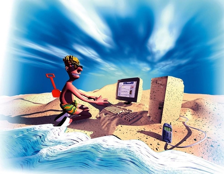 Surfing the net - surfing, sky, sand, sea