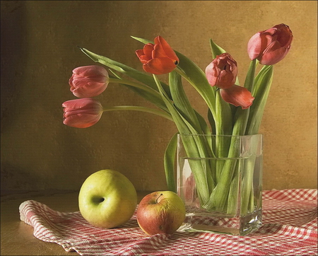 still life - tulips, bouquet, flowers, apples, vase