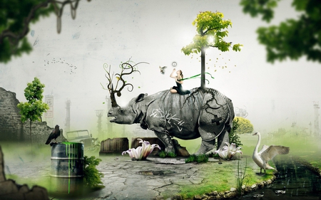 Rhino fantasy - rhino, swan, animals, fantasy, green