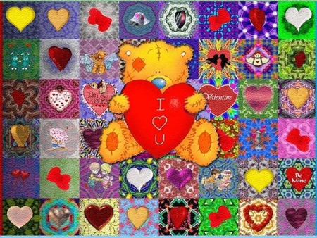 Valentine Patch Work - patches, red, teddybear, hearts